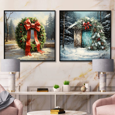 Green Christmas Wreath - Ensemble de 2 impressions sur toile