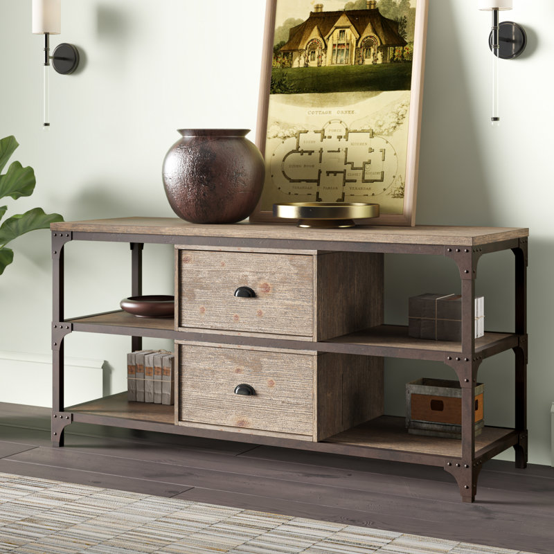 Kemper 2-Drawer TV Stand in Weathered Oak/Antique Silver