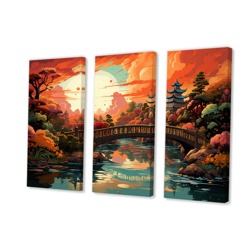 «Beautiful Sunset Little Bridge In Japanese Garden on Canvas», reproduction de 3 pièces, H 40 po x l 60 po x P 1 po