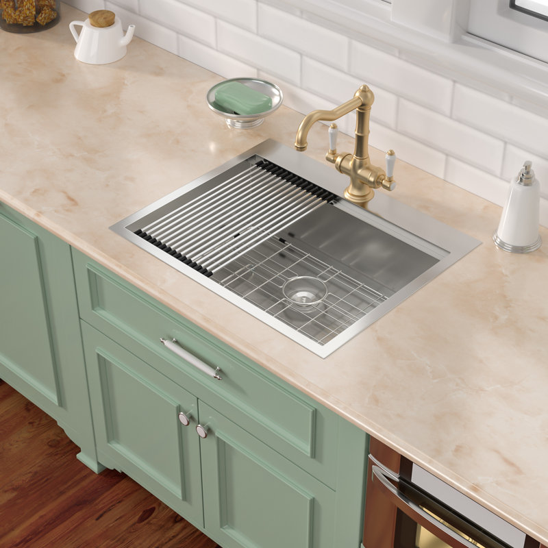 15"L x 20"W Drop In Kitchen Bar Sink Workstation Stainless Steel Single Bowl Kitchen Sink with 1 Faucet Hole, Brushed Nickel