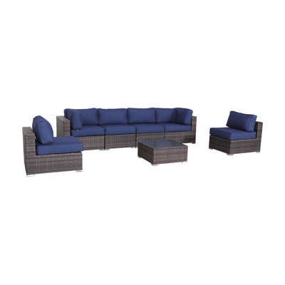 Lanisha Ensemble de conversation modulaire en rotin 7 pieces avec coussins Sunbrella entierement assembles by Wade Logan