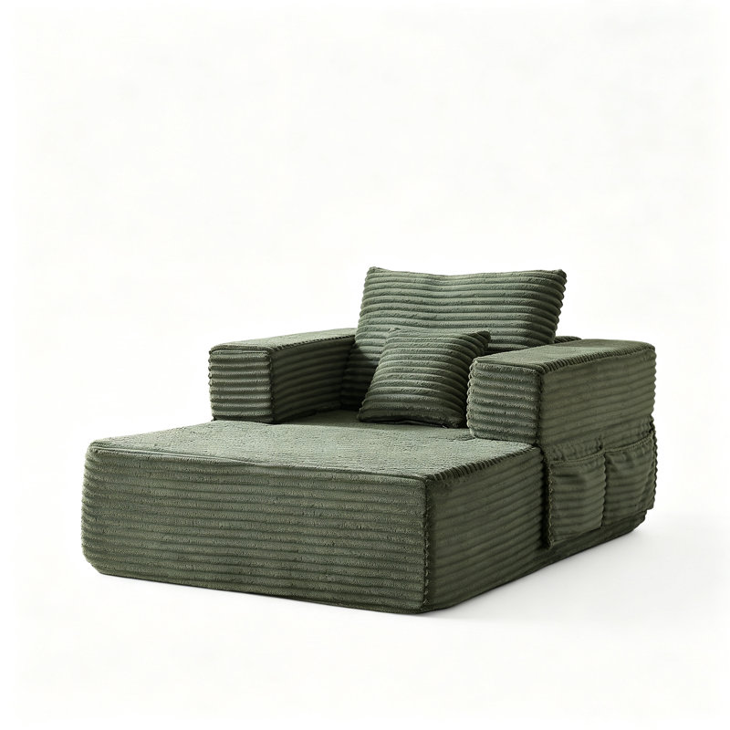 Fauteuil inclinable une place en velours côtelé vert, fauteuil lounge modulaire de 159 cm avec rangement intégré dans l'accoudoir, coussin décoratif, mousse haute densité pour une utilisation intérieure polyvalente