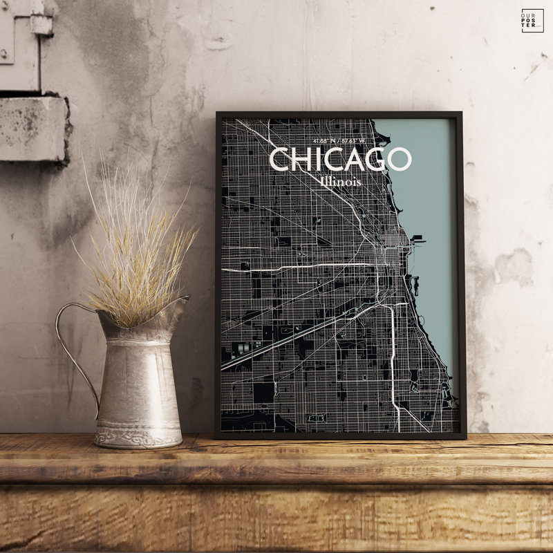 « chicago city map », reproduction d’impression sur affiche en minuit, H 24 po x l 18 po