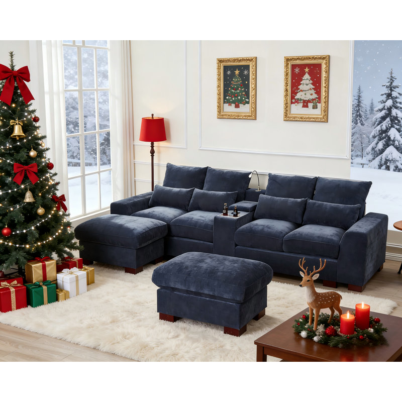 6-Seat Module Sectional Chenille Fabric Sofa With Console&Ottoman, Dark Gray Chenille