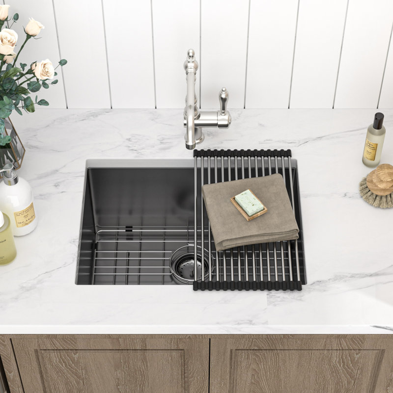 24"L x 18"W Laundry Sink Undermount 16G Stainless Steel Single Bowl Utility Kitchen Sink with Bottom Grid, Gunmetal Black
