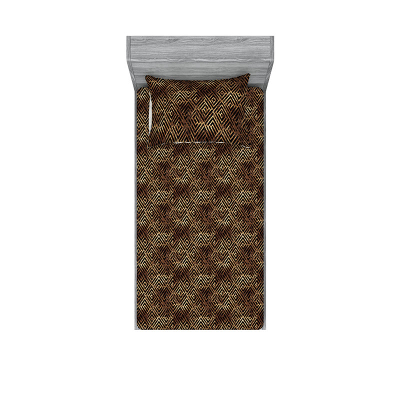 Ambesonne Fitted Sheet & Shams, Chocolate/Amber/Mustard Geometric, Twin Sheet Set with 1 Pillowcase