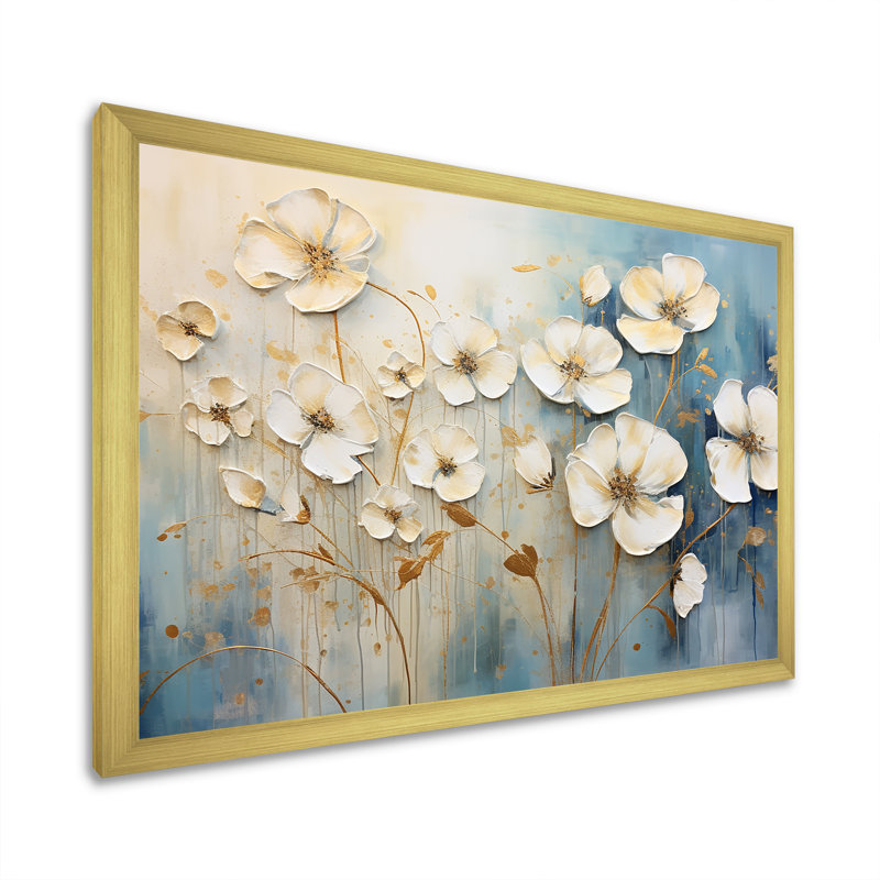 «Elegant Beige Buttercups Meadow» - impressions sur toile Buttercups, H 16 po x l 32 po x P 1 po, Encadrement doré