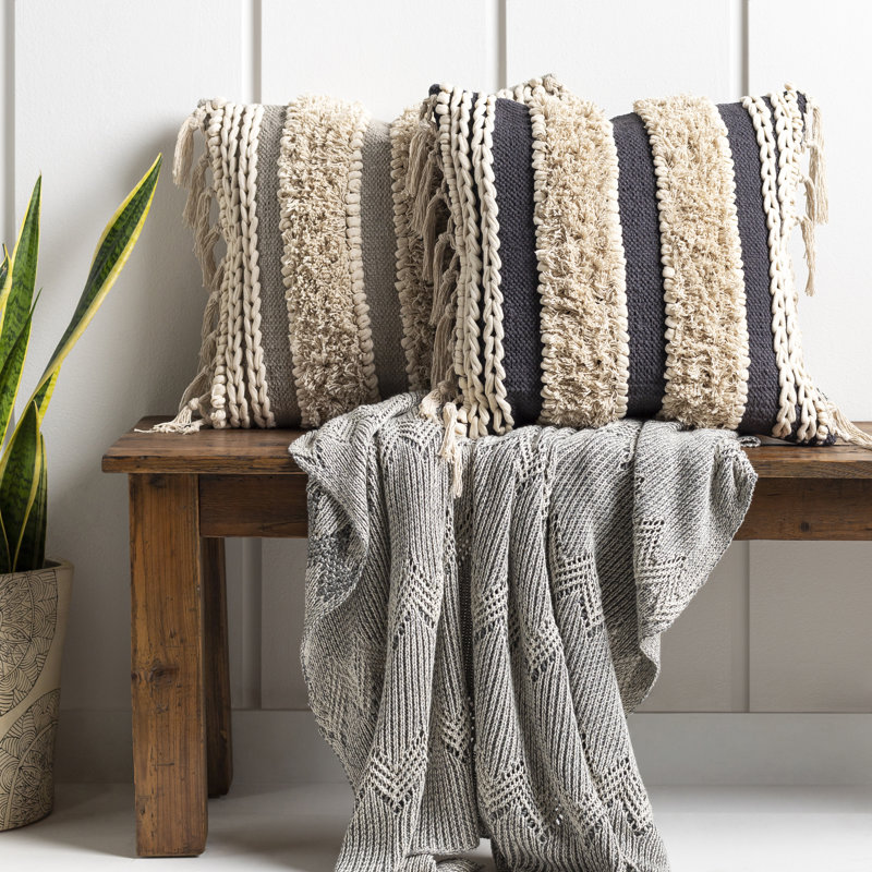 Keiontae Striped Cotton Throw Pillow, 20" x 20", Charcoal, Polyester/Polyfill