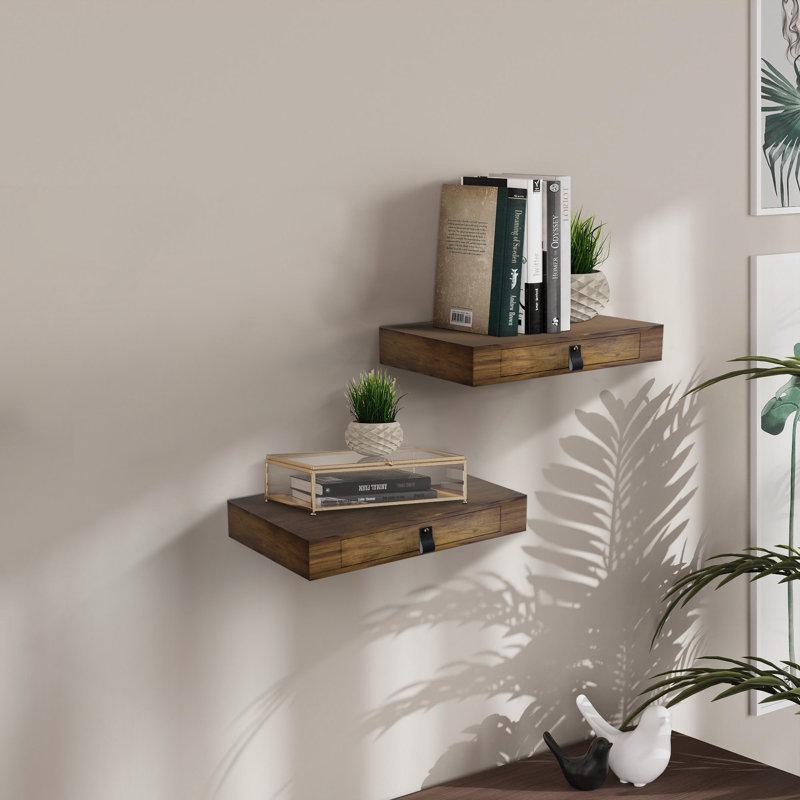 2 Piece Floating Shelf with Drawer (Set of 2), Brown