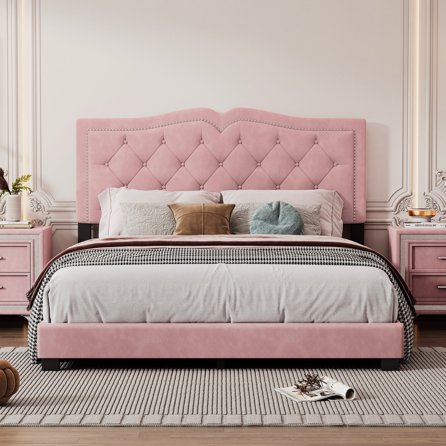 Mercer41 Pink Velvet Headboard Bed - Queen Size Modern Upholstered ...