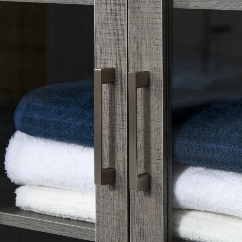 Grande armoire de rangement pour salle de bain avec tablette à 3 niveaux, armoire en verre, tour de lin autoportante avec tablettes réglables, grain de bois gris