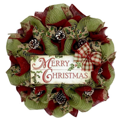 Merry Christmas Burlap Wreath with Pine Cones