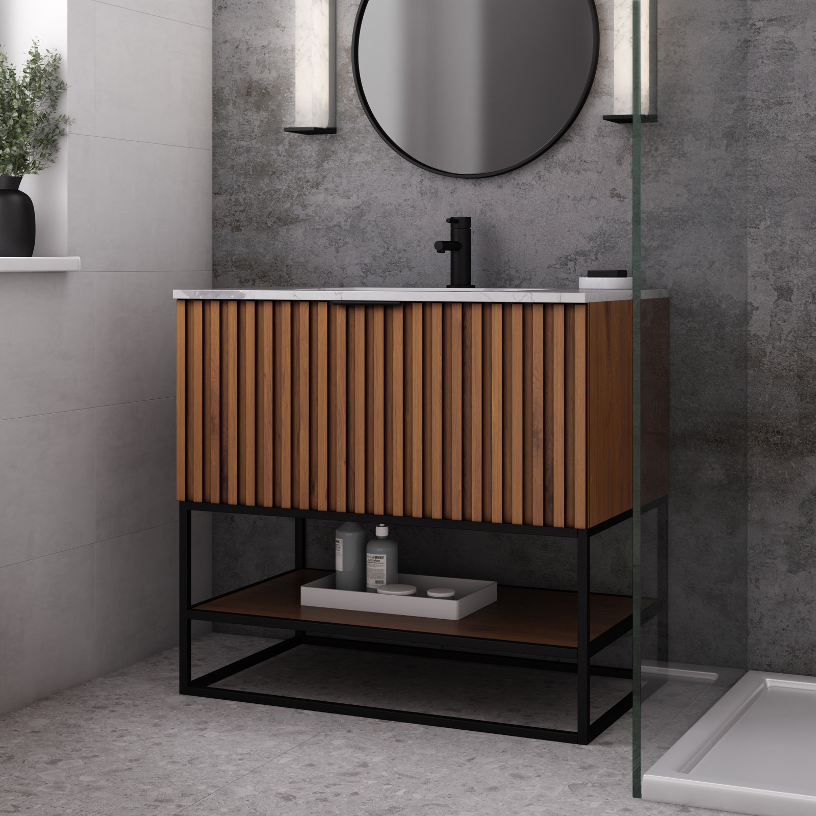 Terra 36'' Single Bathroom Vanity, Carrara Marble/Single Faucet Mount, Walnut, Matte Black