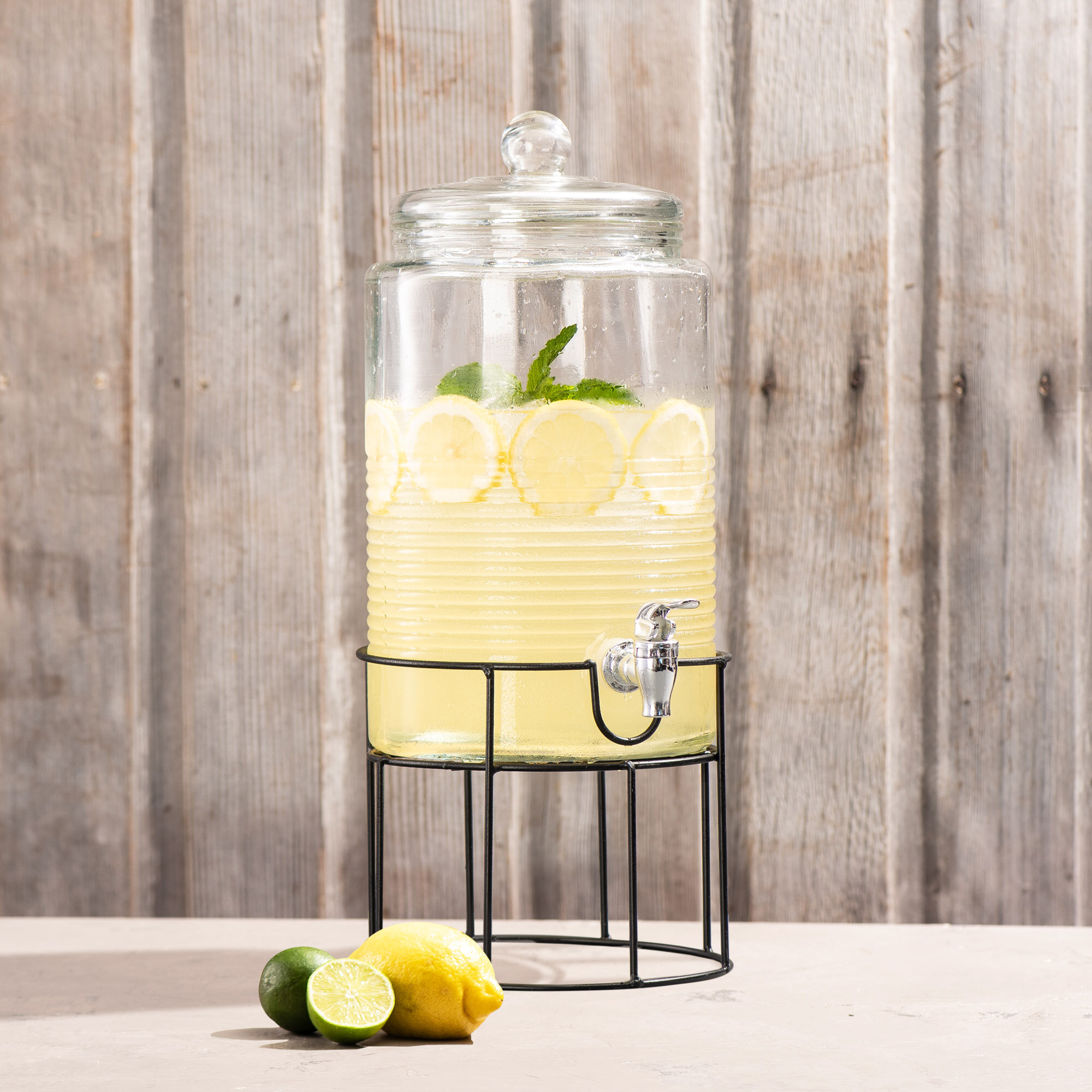 Prep & Savour 1.5 Gallon Hammered Glass Beverage Dispenser with Lid - Stainless Steel Spigot - Decorative Round Jar for Drinks - Lemonade Sangria Tea