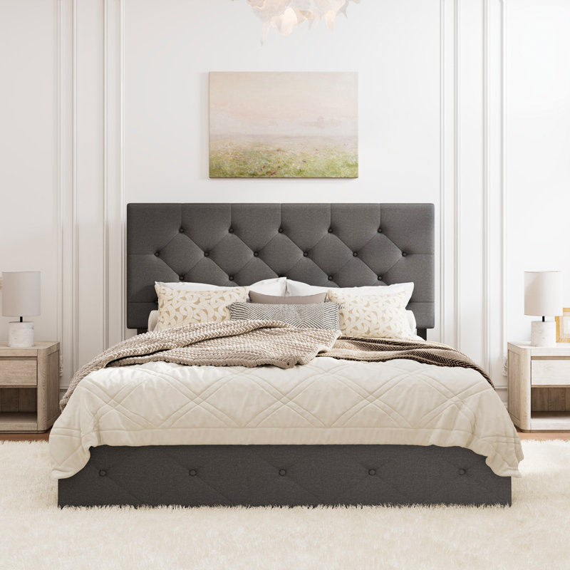 Lit plateforme avec rangement à 4 tiroirs et tête de lit réglable en lin à motif de losanges, Grand, Gris foncé