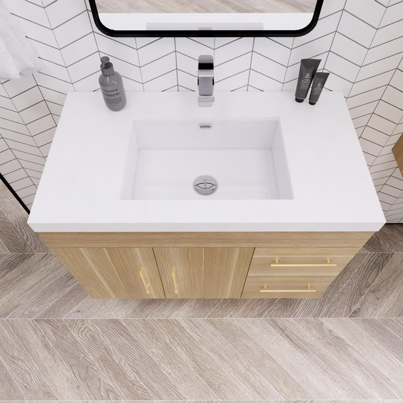 Blandon 35.43'' Single Bathroom Vanity with Acrylic Top, Champagne Oak