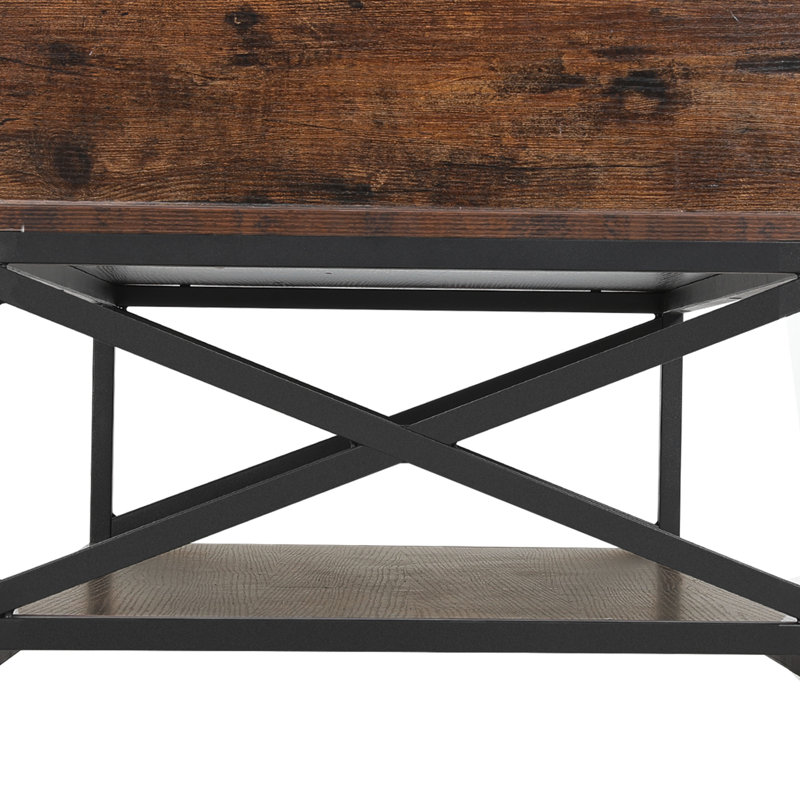 Abey Lift Top Tempered Glass Coffee Table with 2 Open Cabinets and Shelf, Brown/Black