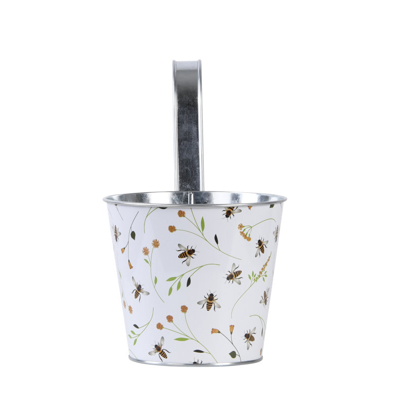 Bee Print Round Zinc Flower Pot with Hook