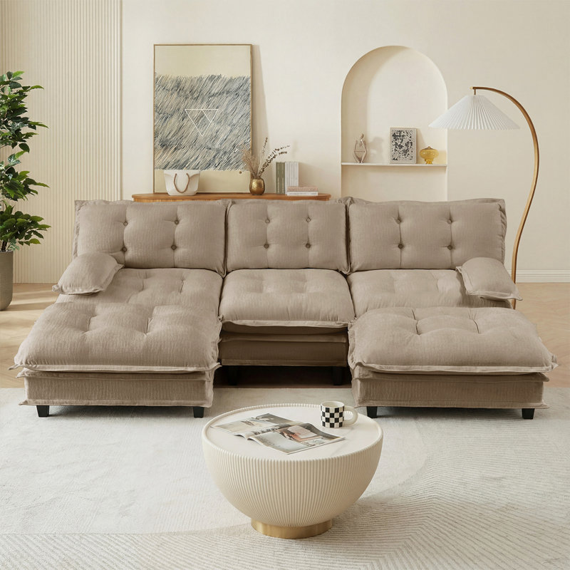107" U Shaped Modern Sofa Modular Sectional Cloud Couch with  2 Ottomans, 3-Seat Chenille Deep Seat Sofa with Comfy Lattice Decored Seat Cushion, Bedroom and Apartment, Orange