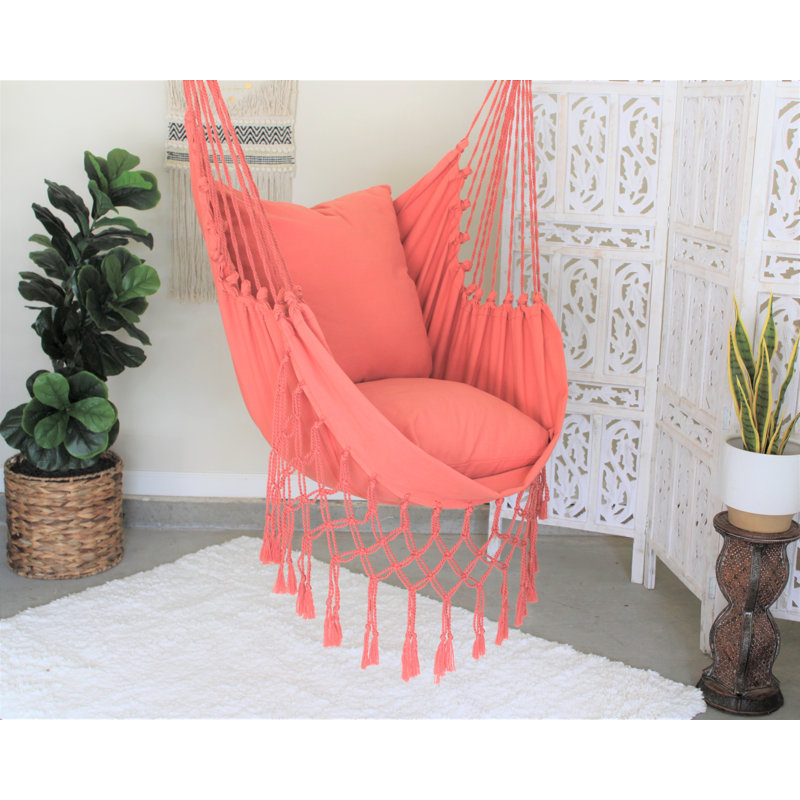 Macrame Fringe Chair Hammock, Coral