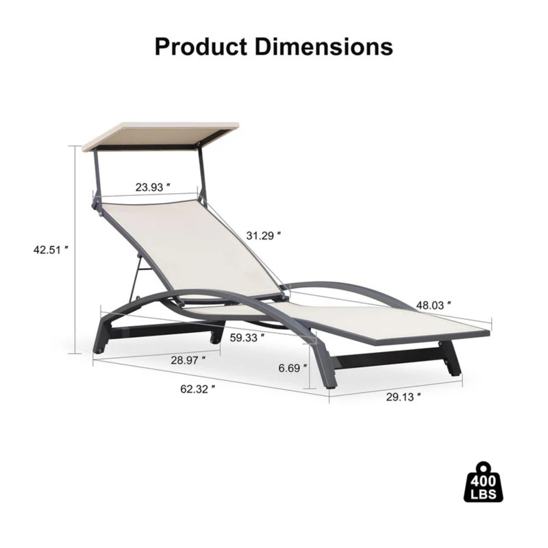Purple Leaf 62.32'' Long Reclining PVC-coated polyester With Uv-Resistant Canopy Chaise Lounge Set Of 2 With Arm, Beige