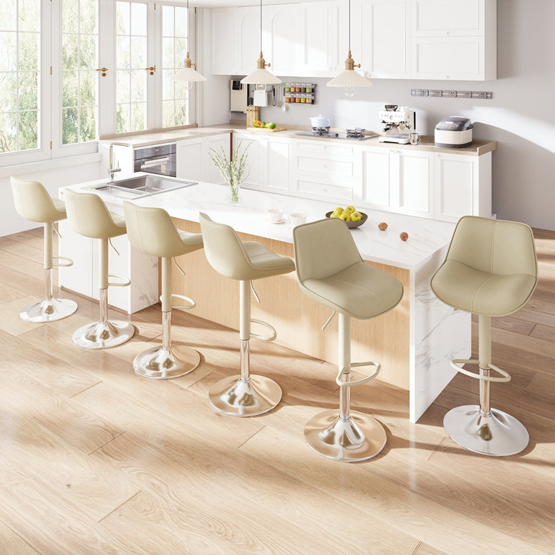 Modern Upholstered Swivel 26-34’’ H Barstools, Faux Leather Bar Stools with Metal Frame, Adjustable Height Counter Stools with Footrest