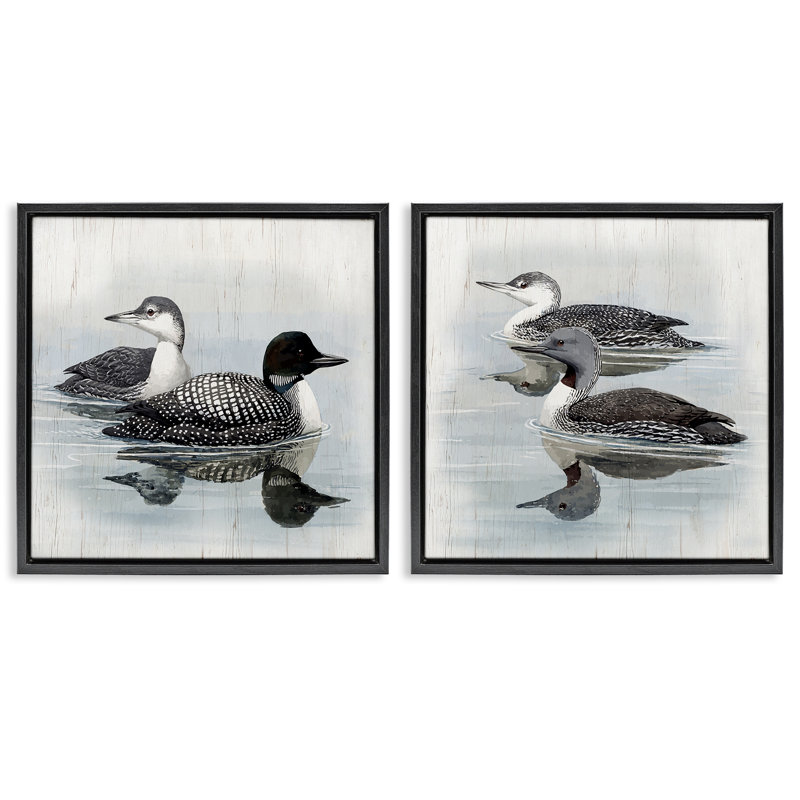  «Four Loons in Lake», ensemble de 2 toiles flottantes encadrées par Susan Jill, Cadre flottant noir de jais