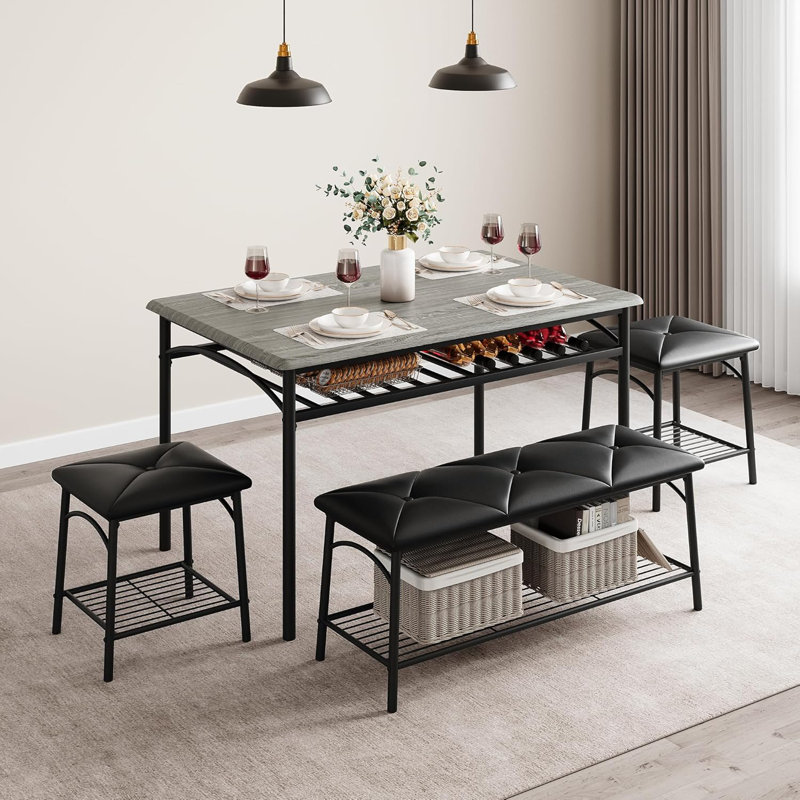 Table de salle à manger avec bancs, ensemble de table de cuisine pour 4 personnes, ensemble de table de salle à manger avec banc rembourré et tabourets carrés, ensemble de table de salle à manger en métal et bois pour 4 avec rangement pour petit esp