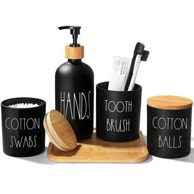 Matte Black Bathroom Accessories Set, 5 Pcs Glass Bathroom Accessory Set with Bamboo Tray, Soap Dispenser and Toothbrush Holder Set, Qtip Holder Set