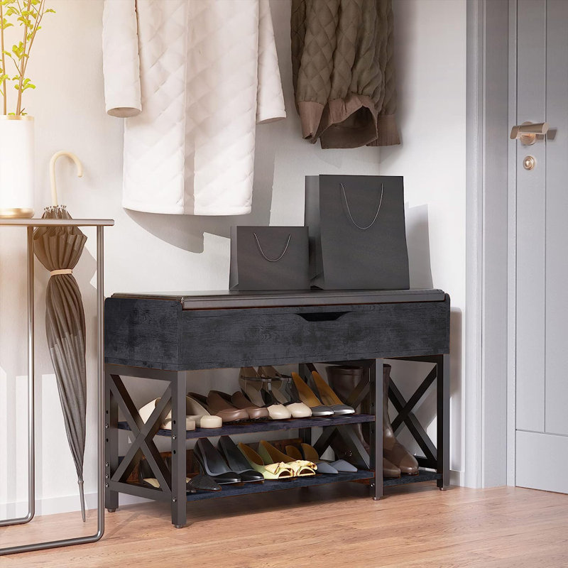 Shoe Storage Bench with Cushion, 7 Pair Entryway Shoe Bench Serkis, Black, 18.1" H x 39.4" W x 11.8" D