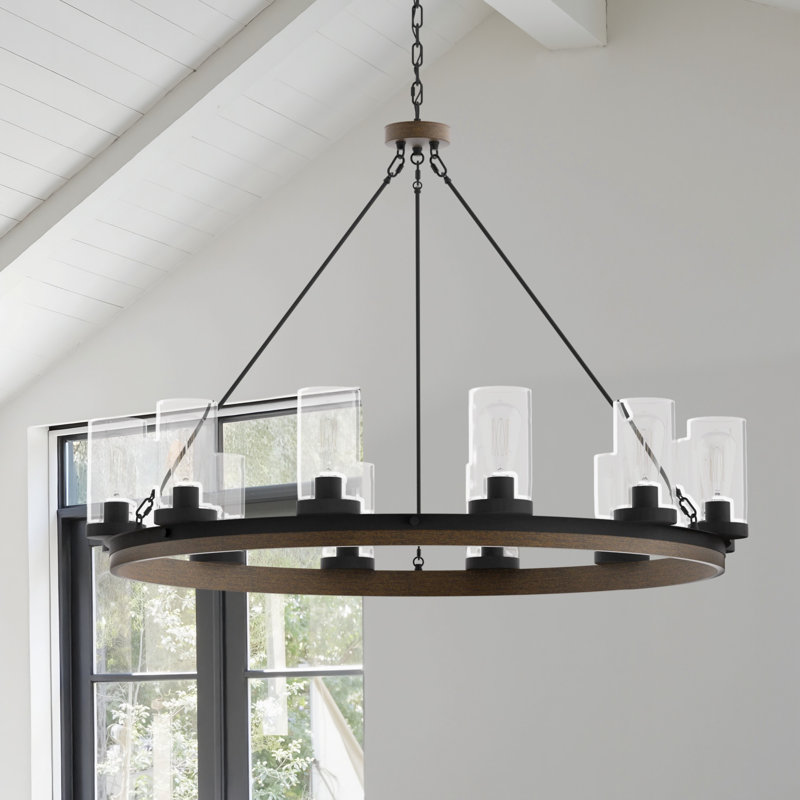 Hendon 12 - Light Wagon Wheel Dimmable Chandelier with Wood Accents, Weathered Walnut