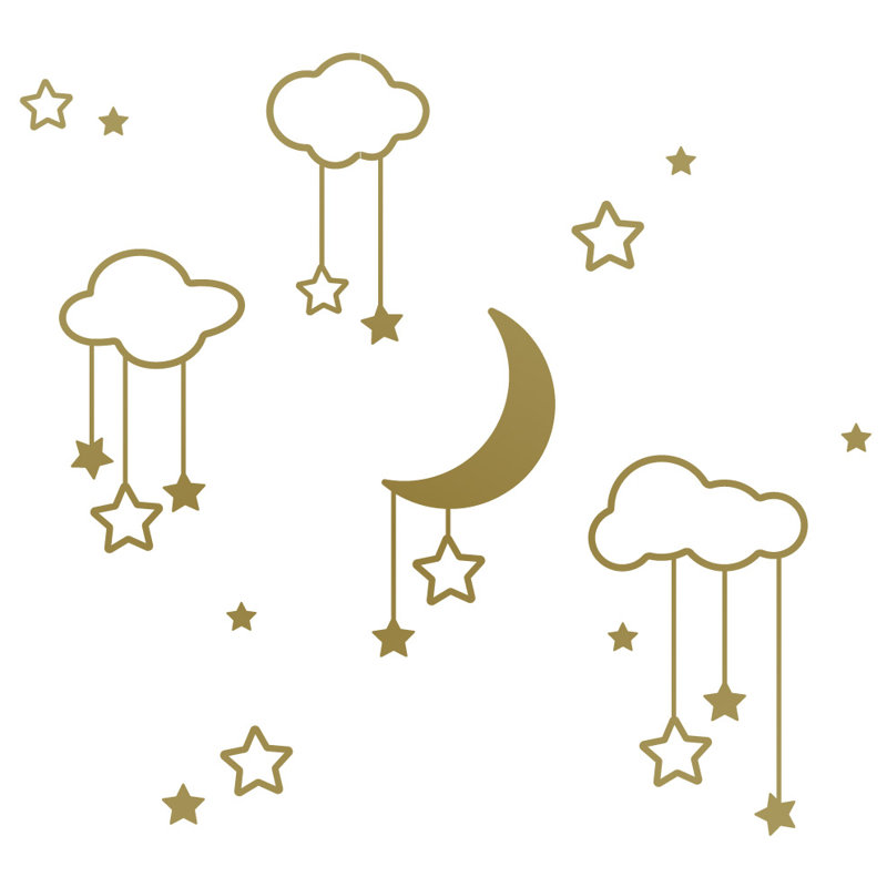 Décalcomanie murale étoiles et nuages lune, H 36 po x l 39 po x P 0,01 po, Or