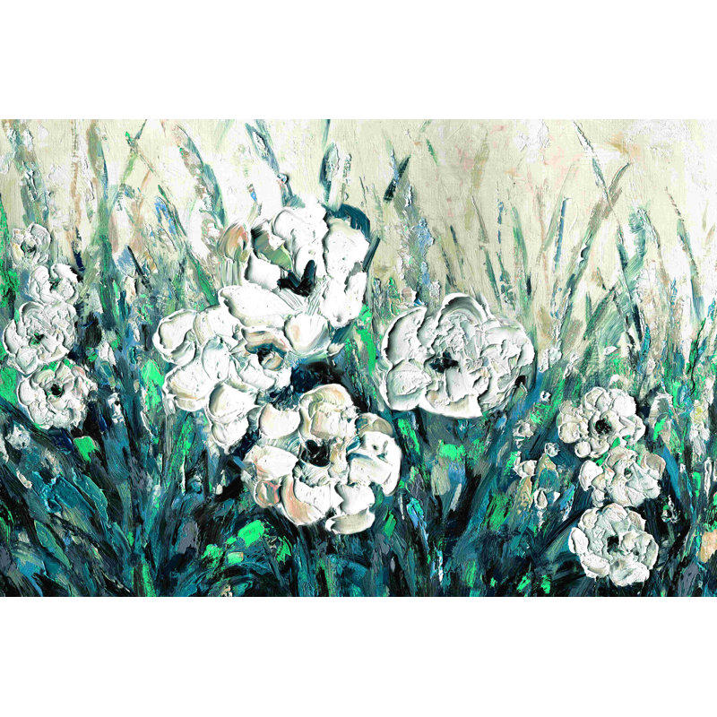 Impasto blanc bleu fleurs - peinture sur toile tendue, H 8 po x l 12 po