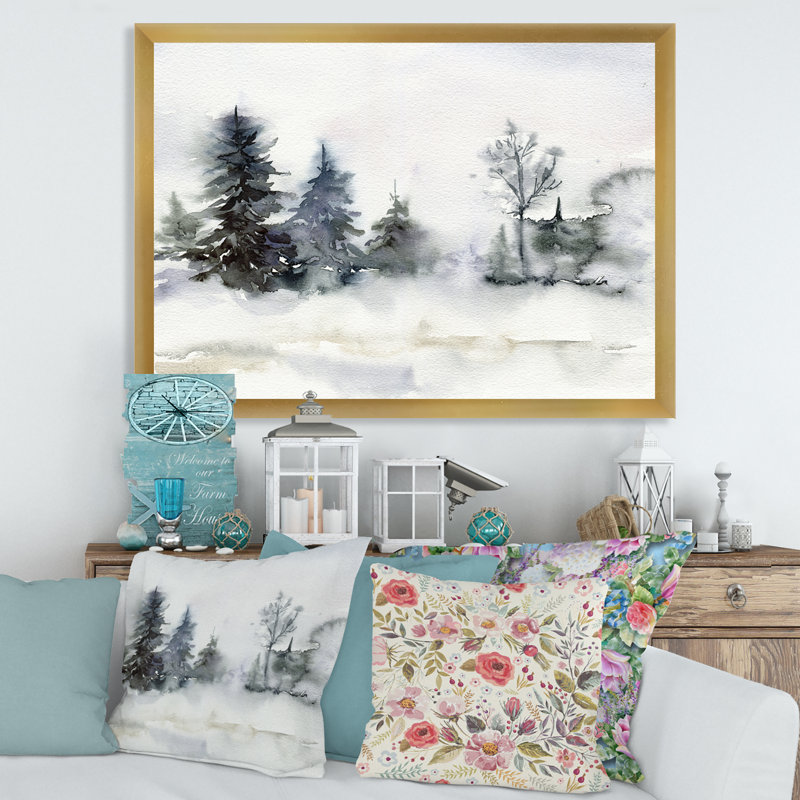 «Christmas Minimalistic Forest Landscape and Snow - Floater Frame, peinture sur toile», Toile encadrée d'or