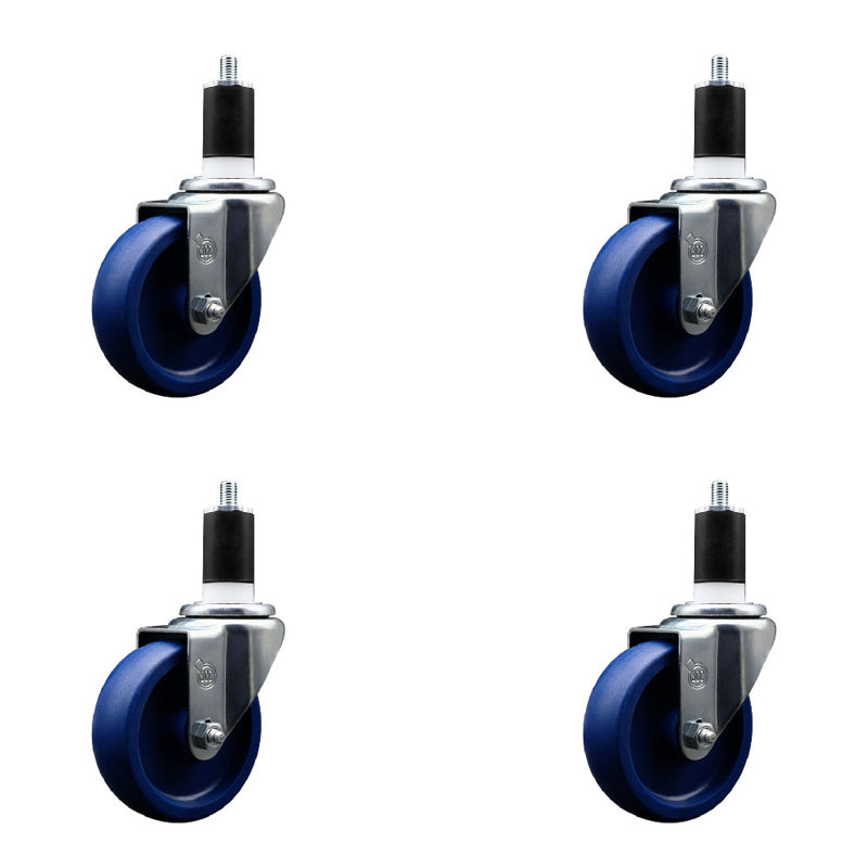 4 Inch SS Solid Poly Wheel Swivel 1-1/2 Inch Expanding Stem Caster Set SCC