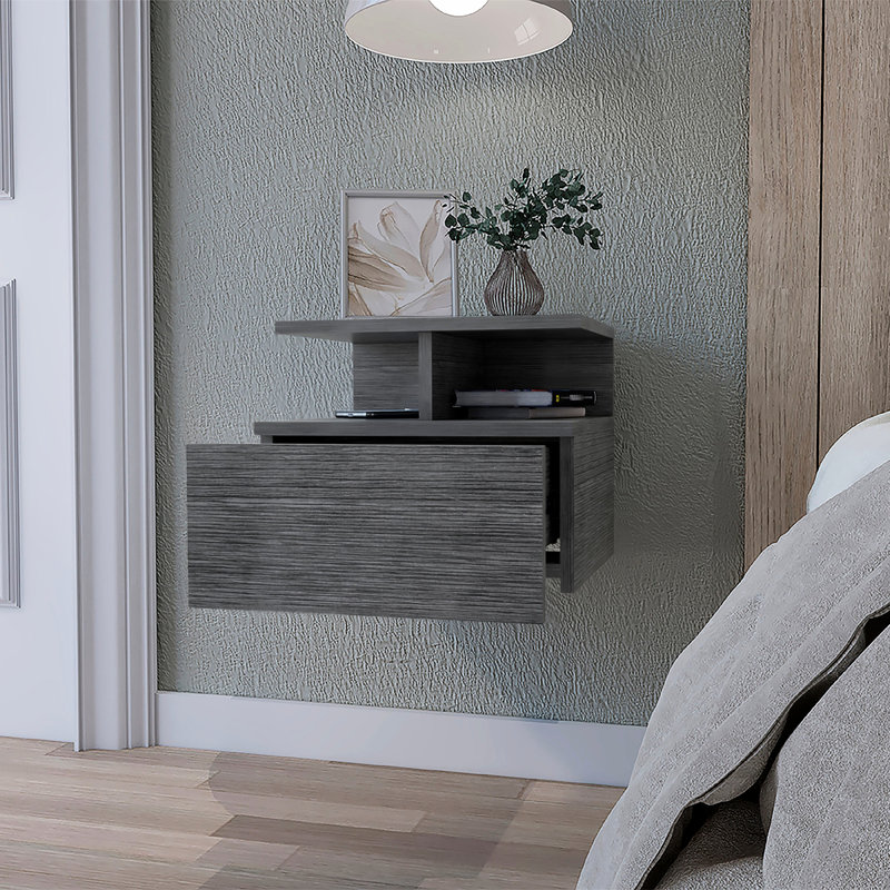 Concrete Floating Nightstand With 2 Shelf And Generous Storage For Bedroom Objects, Grey