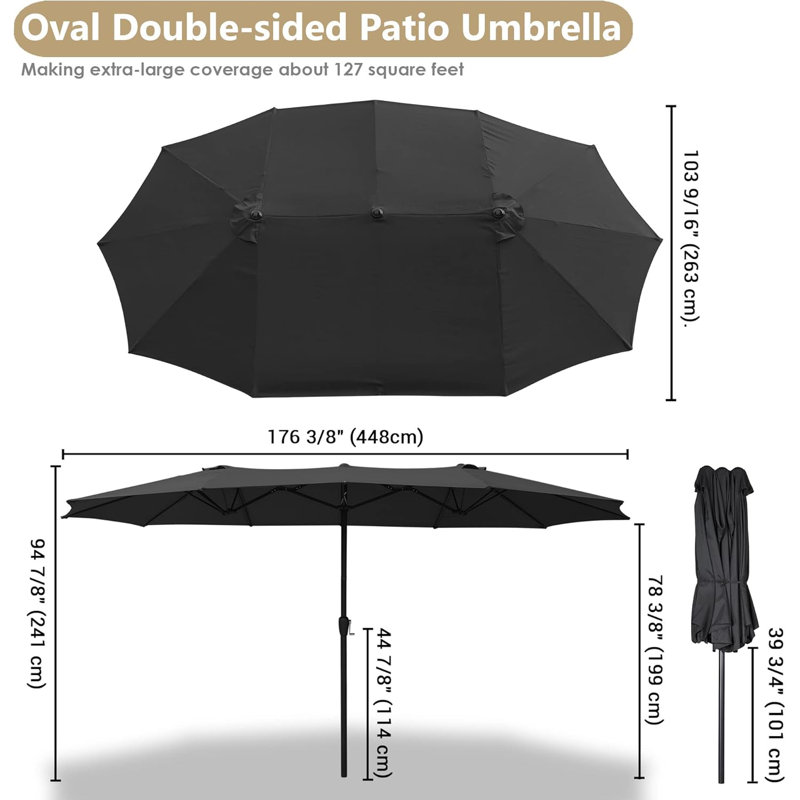 15X9 ft Patio Rectangular Market Umbrella W/ Wind Vent, Black Arlmont & Co.