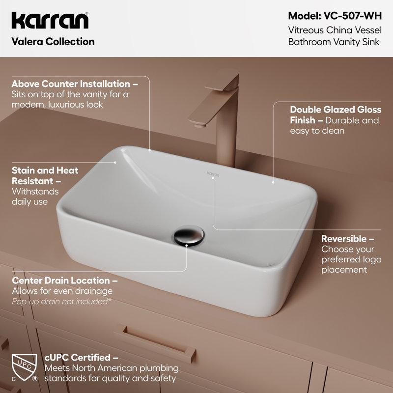 Karran Valera 19 In. Vitreous China Rectangular Vessel Bathroom Sink