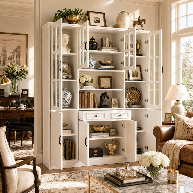 Vitrine de 160 cm de large avec portes vitrées, 13 tablettes, 2 tiroirs et rangement ajustable