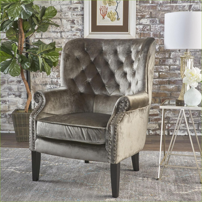 Fauteuil club Nire, garniture cloutée, bois de bouleau brun, velours gris