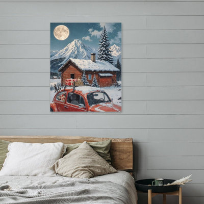 Winter Cabin Moonlight, Inset Wooden Frame Wall Art, 16W X 20L