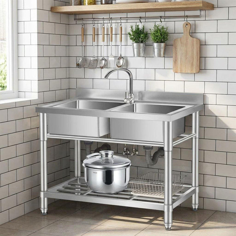 Stainless Steel Utility Sink with Workbench & Storage Shelf, Freestanding Double-Bowl Sink with Hot & Cold Faucet for Garage, Kitchen, Laundry,