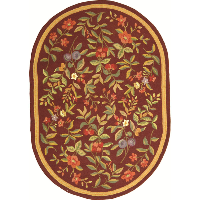 Bick Hand Hooked Wool Pile Floral Rug, Oval 7'6" x 9'6"