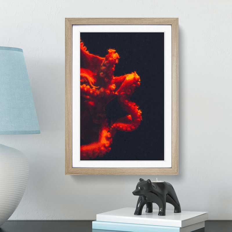 Red Octopus - Picture Frame Graphic Art Print, 36cm H x 27cm W x 2cm D, Oak Framed