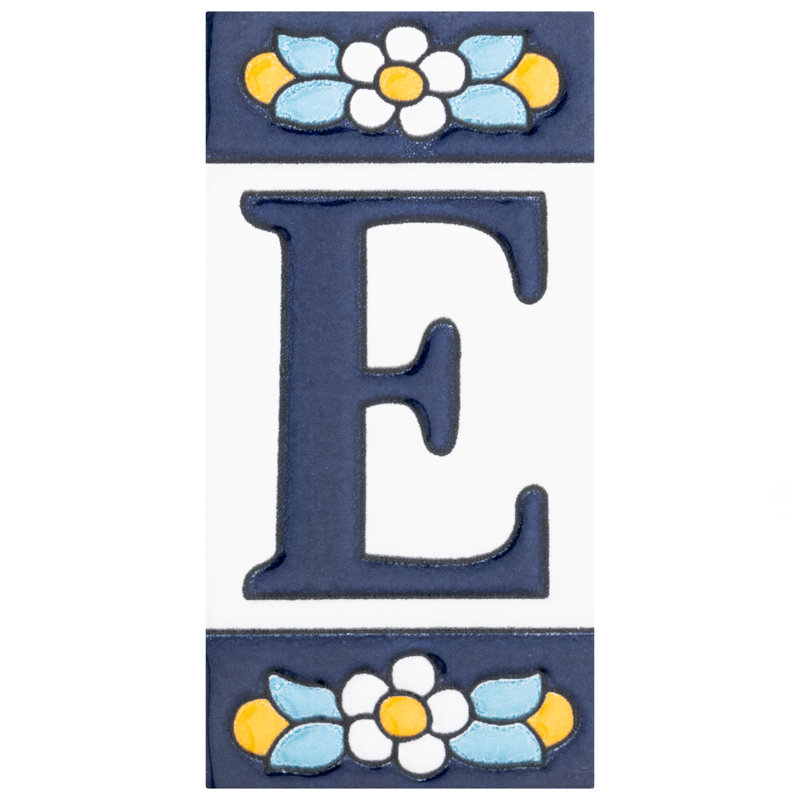 Sevillano 2.13" x 4.38" Ceramic Floral Letter Decorative Accent Tile in White/Blue