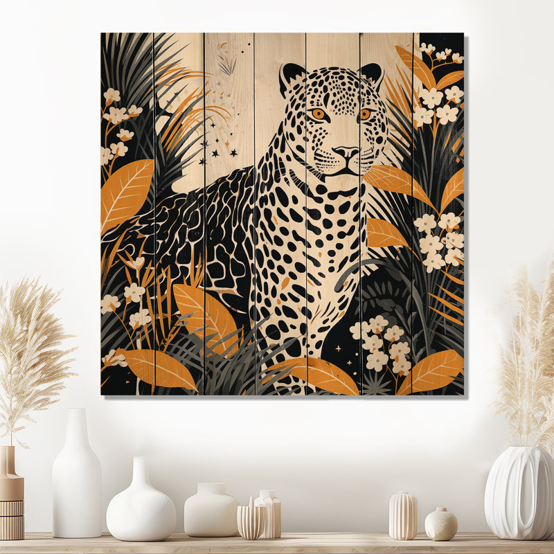 Collage léopard jaune et bleu III - léopard / guépard sur bois, H 36 po x l 36 po