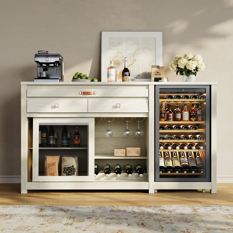 Extra Large Coffee Bar Cabinet With Fridge Space & Power Outlet, Mini Fridge Cabinet With Bar Tray & 2 Drawers & Sliding Door, Buffet Sideboard With Wine Rack & Glass Holder & Adjustable Shelves, White