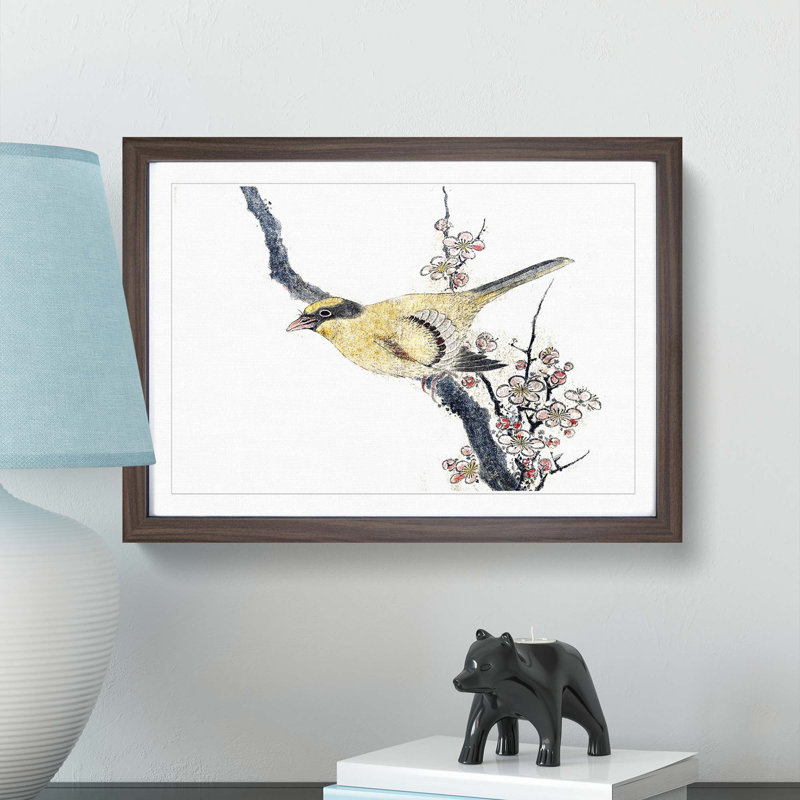 Bird on a Branch by Katsushika Hokusai - Picture Frame Painting Print, 48cm H x 65cm W x 2cm D, Walnut Framed