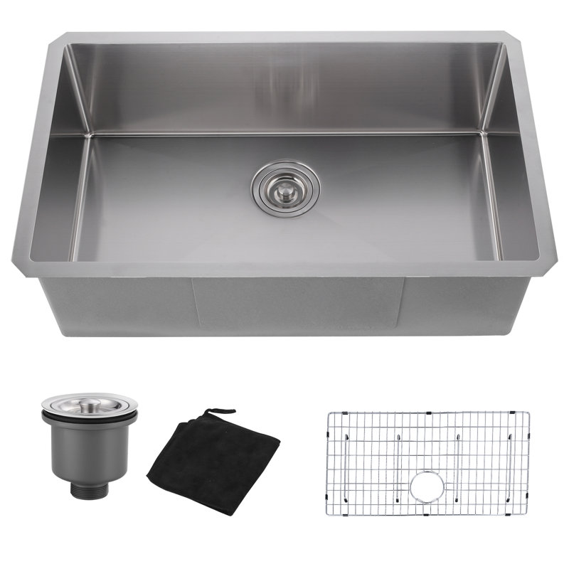 32 po Évier de cuisine à cuve simple à montage sur plan / encastrable en acier inoxydable de calibre 16 avec grilles de fond et crépine