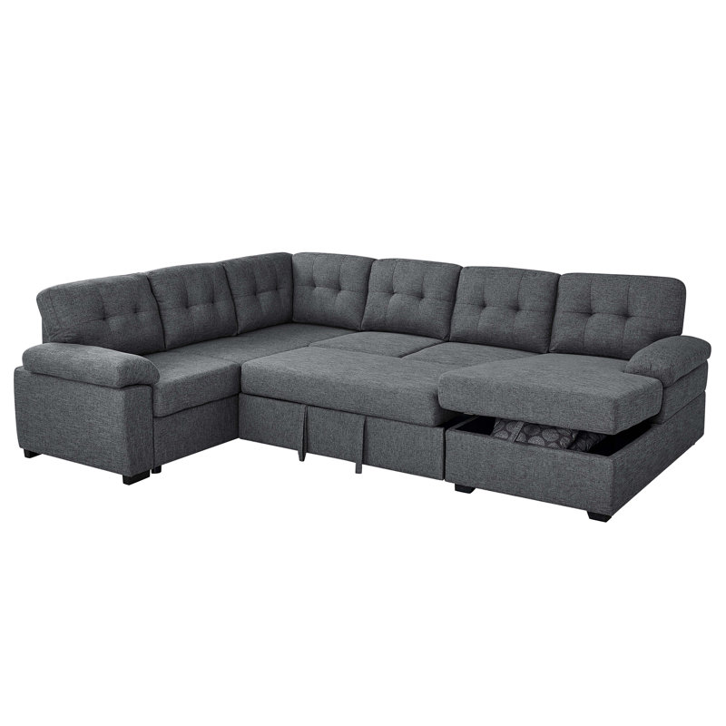 Canapé-lit modulaire en U en mélange de lin (lit escamotable) avec méridienne de rangement